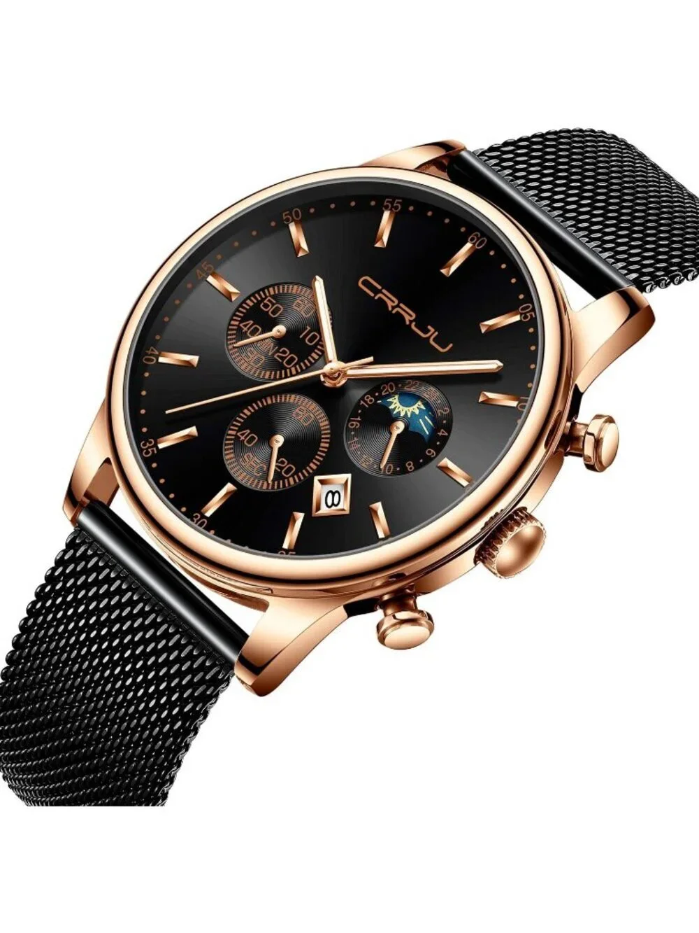 Men's Black And Rose Gold Chronograph Waterproof Steel Quartz Mesh Strap Watch